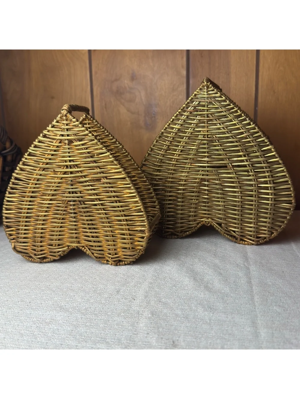 Vintage Wicker Basket Set of 2 Leaf Shape Handled Storage Baskets Boho Decor